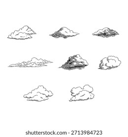 Set of Cloud Sketch Collections Featuring Various Sky Formations in Black and White Outline Line Art Drawing