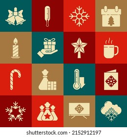 Set Cloud with snow, Christmas postcard, Coffee cup, Snowflake, Gift box in hand, Burning candle candlestick, Merry ringing bell and star icon. Vector