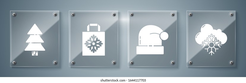 Bekleiden Sie sich mit Schnee, Weihnachtsmütze, Weihnachtspapier-Einkaufstasche und Weihnachtsbaum. Viereckige Glasplatten. Vektorillustration