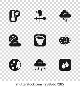 Set Cloud with snow, Eclipse of the sun, Water drop, Tornado, and lightning, Thermometer, Rooster weather vane and moon icon. Vector