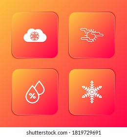 Set Cloud with snow, Fog and sun, Water drop percentage and Snowflake icon. Vector.