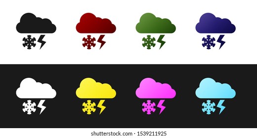 Set Cloud with snow and lightning icon isolated on black and white background. Cloud with snowflakes. Single weather icon. Snowing sign.  Vector Illustration