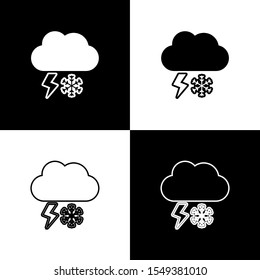 Set Cloud with snow and lightning icon isolated on black and white background. Cloud with snowflakes. Single weather icon. Snowing sign.  Vector Illustration