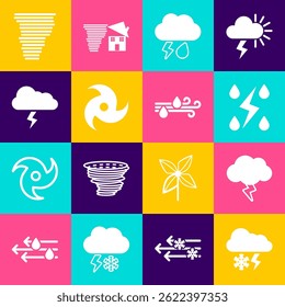 Set Cloud with snow and lightning, Storm, rain, Tornado,  and Wind icon. Vector
