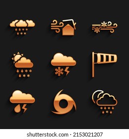 Set Cloud with snow and lightning, Tornado, snow, rain, moon, Cone meteorology windsock wind vane, sun, Wind and icon. Vector
