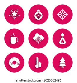 Set Cloud with snow, Meteorology thermometer measuring, Christmas tree, Santa Claus bag gift, Donut sweet glaze, Coffee cup, Snowflake and star icon. Vector