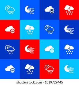 Set Cloud with snow and moon, Fog, and rain lightning icon. Vector.