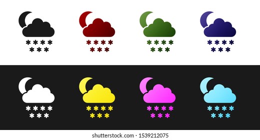 Set Cloud with snow and moon icon isolated on black and white background. Cloud with snowflakes. Single weather icon. Snowing sign.  Vector Illustration