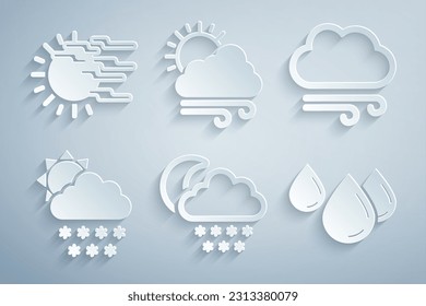 Set Cloud with snow and moon, Windy weather, sun, Water drop,  and Fog icon. Vector