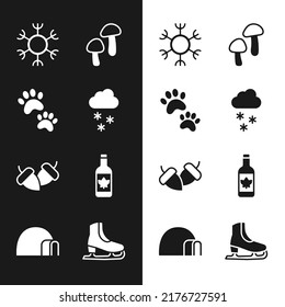 Set Cloud with snow, Paw print, Snowflake, Mushroom, Acorn, Beer bottle, Skates and Igloo ice house icon. Vector