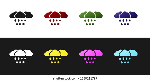 Set Cloud with snow and rain icon isolated on black and white background. Weather icon.  Vector Illustration