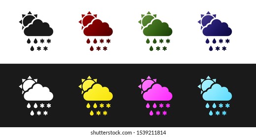 Set Cloud with snow and rain icon isolated on black and white background. Weather icon.  Vector Illustration
