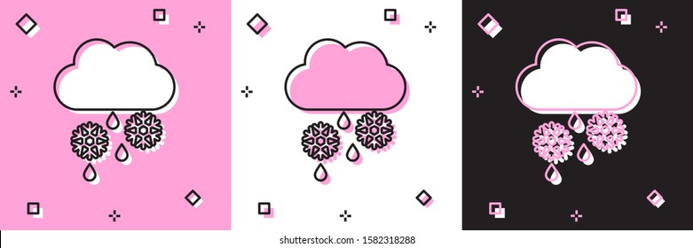 Set Cloud with snow and rain icon isolated on pink and white, black background. Weather icon.  Vector Illustration