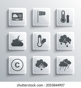 Set Cloud with snow, rain, and lightning, Meteorology thermometer, Celsius, moon, Weather forecast and  icon. Vector