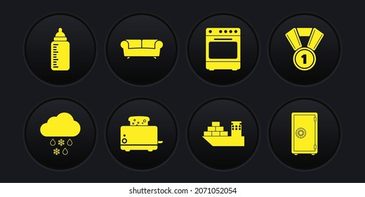 Set Cloud with snow and rain, Medal, Toaster toasts, Cargo ship, Oven and Sofa icon. Vector