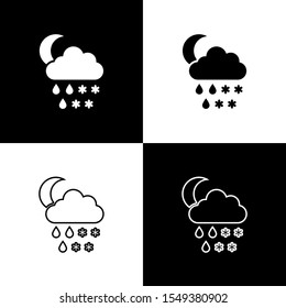 Set Cloud with snow, rain and moon icon isolated on black and white background. Weather icon.  Vector Illustration