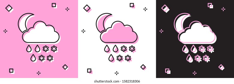 Set Cloud with snow, rain and moon icon isolated on pink and white, black background. Weather icon.  Vector Illustration
