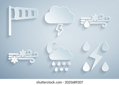 Set Cloud with snow, rain, moon, Wind and, Storm,  and Cone meteorology windsock wind vane icon. Vector