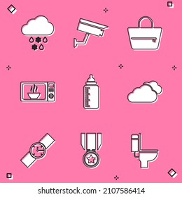 Set Cloud with snow and rain, Security camera, Handbag, Microwave oven, Baby bottle and  icon. Vector