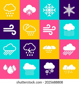 Set Cloud with snow, rain, Snowflake, and moon and Wind icon. Vector