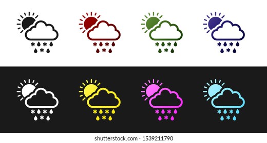 Set Cloud with snow, rain and sun icon isolated on black and white background. Weather icon.  Vector Illustration