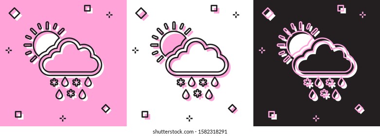 Set Cloud with snow, rain and sun icon isolated on pink and white, black background. Weather icon.  Vector Illustration
