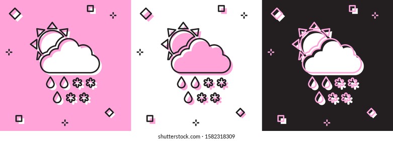 Set Cloud with snow, rain and sun icon isolated on pink and white, black background. Weather icon.  Vector Illustration