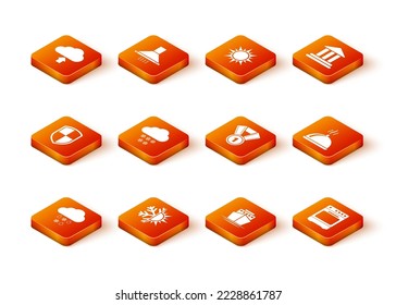 Set Cloud with snow and rain, Sun snowflake, Shield, , Ship and Medal icon. Vector