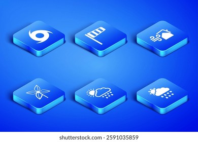 Set Cloud with snow, rain, sun, Tornado, Pinwheel, Cone windsock wind vane and swirl icon. Vector