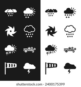 Set Cloud with snow and rain, Tornado, Cloudy, Wind, Storm and Cone meteorology windsock wind vane icon. Vector