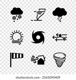 Set Cloud with snow and rain, Tornado, Storm, Cone windsock wind vane, swirl, Wind sun and  icon. Vector