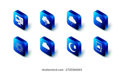 Nube con nieve, lluvia, pronóstico de Clima, luna, tornado e ícono. Vector