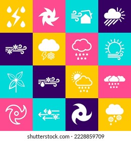 Set Cloud with snow and rain, Wind sun, Tornado swirl, lightning, Storm and icon. Vector