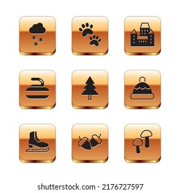 Set Cloud With Snow, Skates, Acorn, Christmas Tree, Stone For Curling, Chateau Frontenac Hotel, Mushroom And Paw Print Icon. Vector