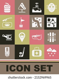 Set Cloud with snow, Ski and sticks, Folded map, Award winner podium, Location marker, Winter fishing, Stone for curling and Route location icon. Vector