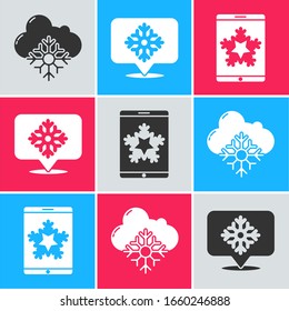 Set Cloud with snow, Snowflake with speech bubble and Christmas on smartphone and snowflake icon. Vector
