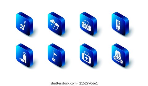 Set Cloud with snow, Sport bag, Meteorology thermometer, Hiking backpack, First aid kit, Location marker, Thermos container and Ice hockey stick and puck icon. Vector