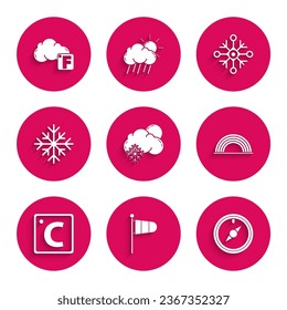 Ponga Nube con nieve y sol, Vane del viento de la meteorología de Cone, rosa del viento, nubes del arcoiris, Celsius, copo de nieve e ícono de Fahrenheit. Vector