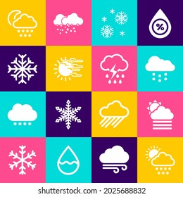Set Cloud with snow and sun, Fog cloud, Snow,  and Snowflake icon. Vector