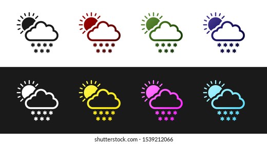 Set Cloud with snow and sun icon isolated on black and white background. Cloud with snowflakes. Single weather icon. Snowing sign.  Vector Illustration