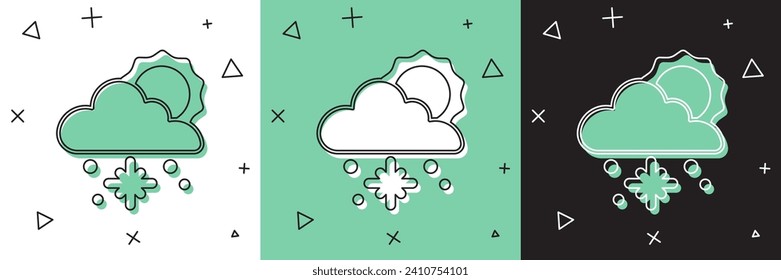 Set Cloud with snow and sun icon isolated on white and green, black background. Cloud with snowflakes. Single weather icon. Snowing sign.  Vector
