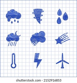 Set Cloud with snow and sun, Lightning bolt, Wind turbine, Falling star, Thermometer, rain moon, Water drop and  icon. Vector