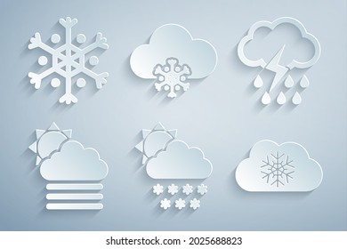 Set Cloud With Snow And Sun, Rain Lightning, Fog Cloud,  And Snowflake Icon. Vector