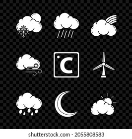 Set Cloud with snow and sun, rain, Rainbow clouds, Moon stars, Sun weather, Windy and Celsius icon. Vector