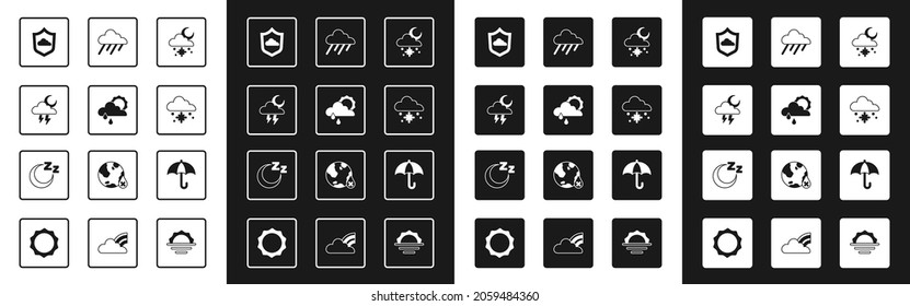 Ponga Nube con nieve y sol, lluvia, tormenta, pronóstico del tiempo, paraguas y icono del sueño del tiempo. Vector