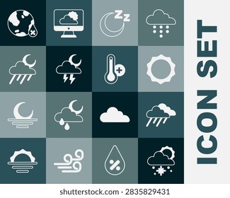 Set Cloud with snow and sun, rain, Sun, Time to sleep, Storm, moon, Water drop percentage and Meteorology thermometer icon. Vector