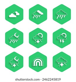 Establecer la nube con nieve y sol, arco iris, tormenta, luna de lluvia, y el icono de Clima de nubes de sol. Vector