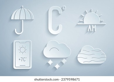 Set Cloud with snow, Sunrise, Weather forecast, Fog and cloud, Celsius and Umbrella icon. Vector