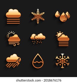 Set Cloud with snow, Water drop, Snowflake, Fog and cloud sun, rain lightning and Windy weather icon. Vector