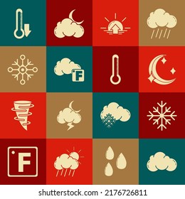 Set Cloud, Snowflake, Moon and stars, Sunrise, Fahrenheit cloud, Thermometer and  icon. Vector